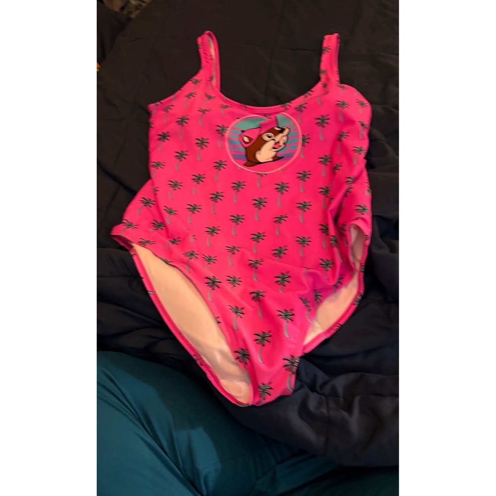 Pink One-Piece Swim Suit with Palm Print
